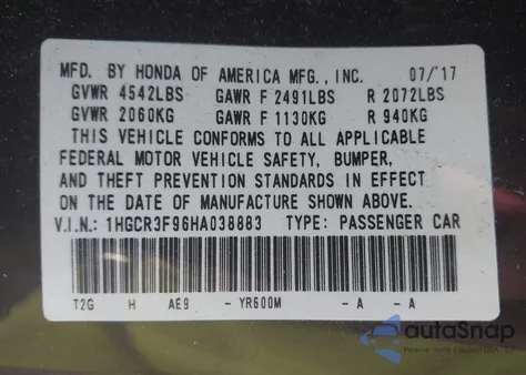 2017 Honda Accord Touring V6 из США, поврежденный, VIN 1HGCR3F96HA038883